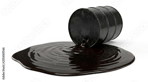 Black metal oil drum spilling glossy crude oil isolated on pure white background