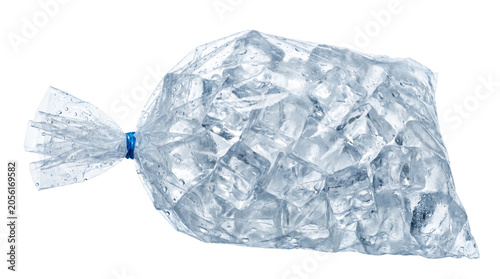 Clear plastic bag filled with real frozen ice cubes isolated on pure white background.