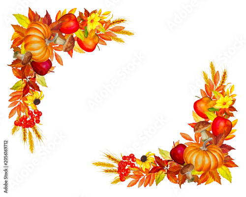 Watercolor autumn corner frames with pumpkins and colorful leaves isolated 