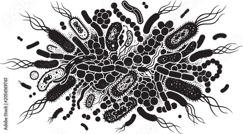 Foto Detailed black and white vector illustration of various bacteria and microscopic