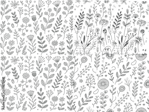 Botanical seamless pattern, floral wallpaper, gray and white illustration, vector flowers, leafy design