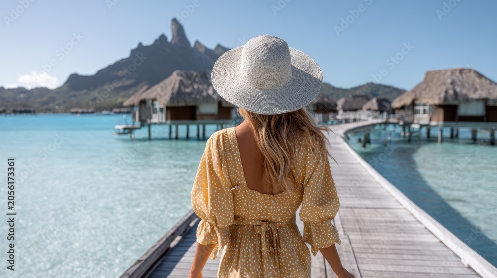 Obraz premium Female traveler in yellow dress on tropical overwater bungalows in bora bora