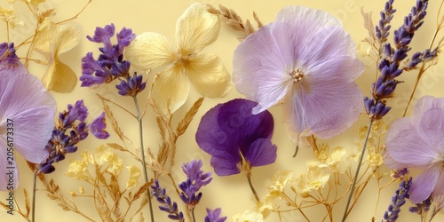 Delicate purple and yellow floral arrangement on light yellow background