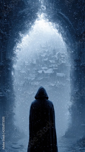 Mysterious hooded figure in snowy archway overlooking winter town