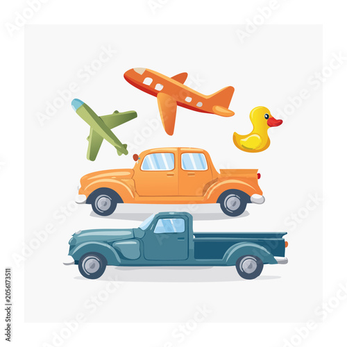 Flat design airplane car helicopter truck set