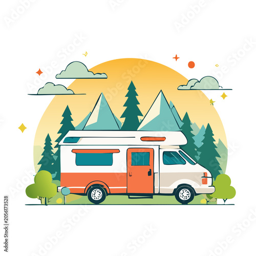 Flat design camper van with mountains and stars