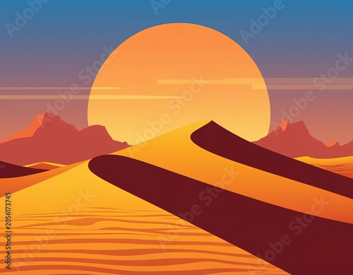Sand desert dunes under orange sky. landscape illustration.