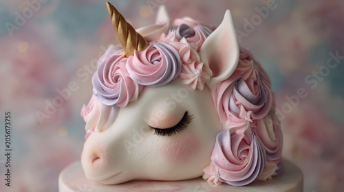 Detailed unicorn cake head sculpted for a child's birthday cake with pastel rosette mane and gold horn for party decoration and cake display