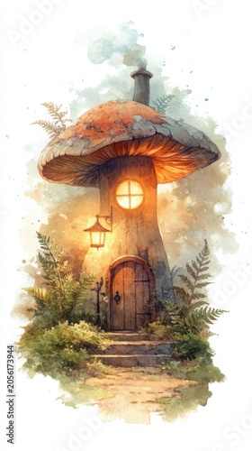 Fairy tale watercolor mushroom house with lantern and round window in a forest setting for poster and wallpaper design