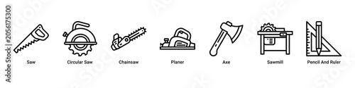 Wood Craft web banner icon vector illustration with Saw, Circular Saw, Chainsaw, Planer, Axe, Sawmill and Pencil And Ruler for woodworking projects