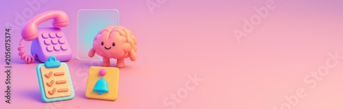Cute cartoon brain with phone, checklist, and notification icon on pastel bac...