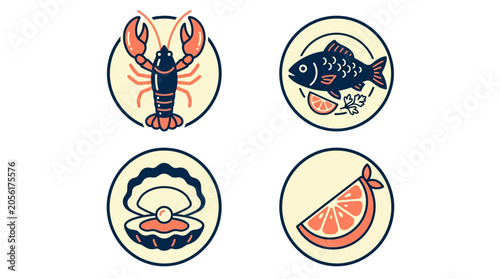 Seafood icons with crustaceans and fish.