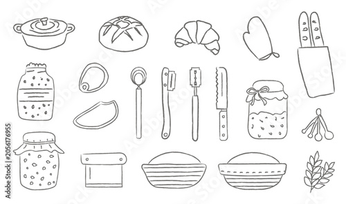 Sketchy hand drawn sourdough bread making tools with starter jar, whisk and proofing baskets. Baking equipment and artisan bakery elements. Textured line art vector illustration collection.