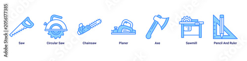 Schilderij op canvas Wood Craft web banner icon vector illustration with Saw, Circular Saw, Chainsaw,