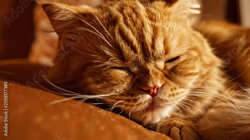Cozy close up ginger cat day portrait of fluffy orange tabby sleeping on caramel sofa cushion, closed eyes, long whiskers, warm indoor glow, peaceful pet comfort mood with refined plush fur detail