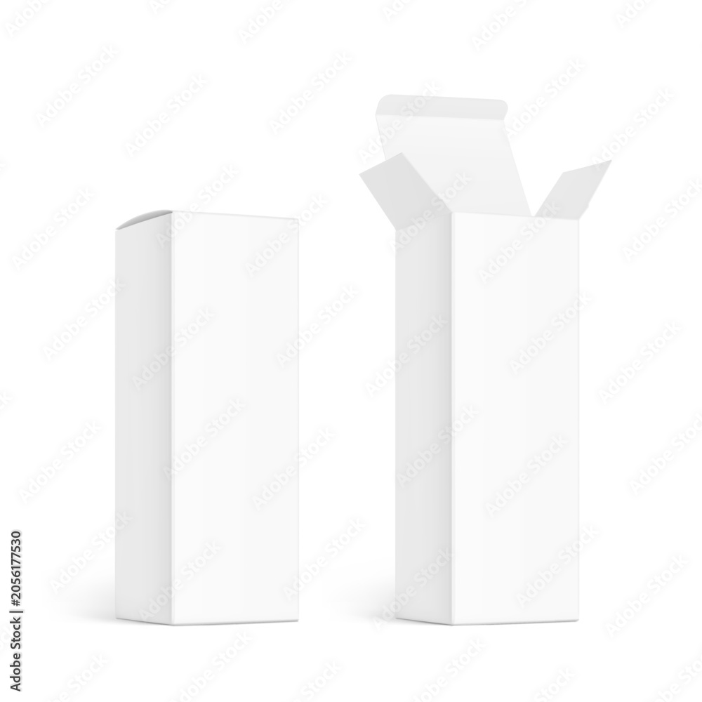 Naklejka premium Realistic white open and closed paperboard box mockup. Can be use for pharmacy food, cosmetic. 3D hight realistic vector illustration isolated on white background. Scalable and editable. EPS10.