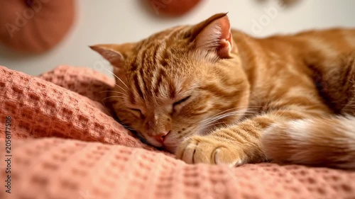Peach blanket ginger cat day scene with orange tabby sleeping beside waffle knit textile and soft round cushions, shallow focus, warm modern pet bedroom mood with gentle pastel comfort setting