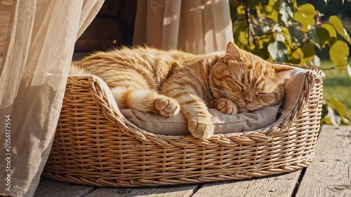 Rustic wicker basket ginger cat day scene with orange tabby asleep on porch cushion near sheer curtain and leafy garden, warm sunlight, homely pet relaxation with natural woven texture scene