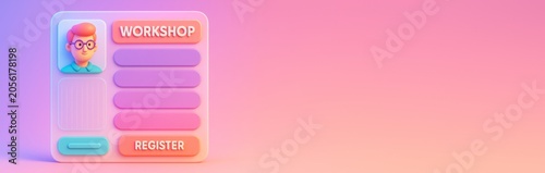 Colorful workshop registration interface design with 3D cartoon character and...