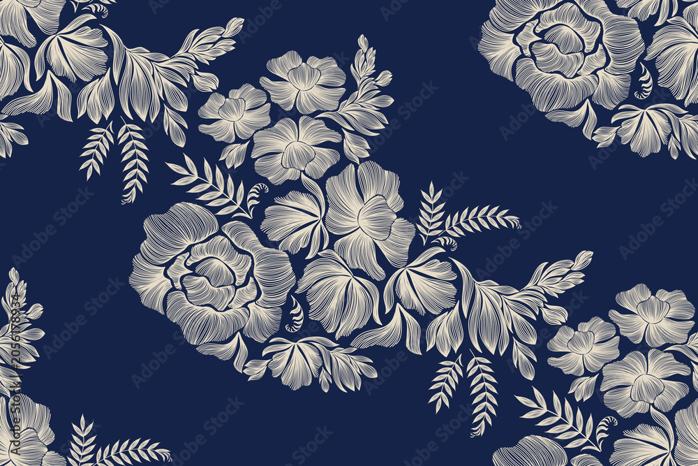 Obraz premium Vintage floral ethnic tapestry modern embroidery texture boho design vector illustration hand drawn silhouette indigo blue flower motif branches leaves wallpaper seamless background border