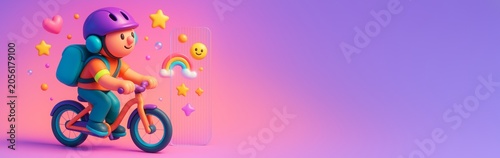 Cute cartoon child riding bicycle with colorful 3D emojis and rainbow on vibr...