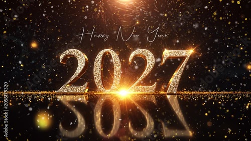 2027 New Year Celebration Golden 3D Numbers Motion Background with Fireworks