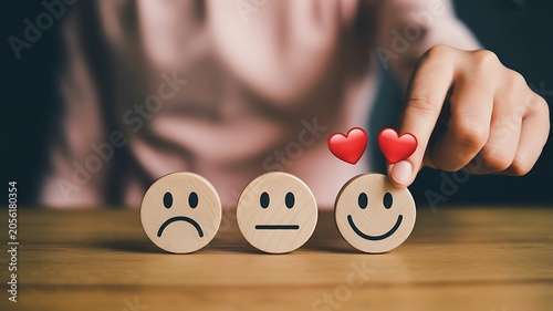 Customer feedback concept Wooden blocks with smiley faces showing satisfaction, neutral, and sad emotions, with hearts on the happy face