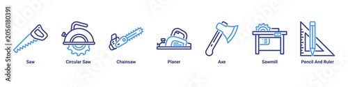 Foto Wood Craft web banner icon vector illustration with Saw, Circular Saw, Chainsaw,