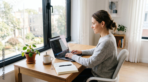 Young professional woman working from home office with laptop at bright window
