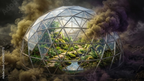 Sustainable Biodome Oasis Surrounded by Toxic Smoke