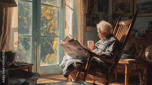 Grandfather or grandmother relaxing in a rocking chair, reading a newspaper or sipping tea, in a cozy, peaceful home with soft natural light