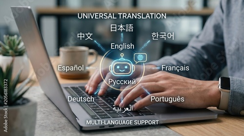 Universal translation software concept, person typing on laptop with multi-language interface overlay showing global communication and AI technology for international business