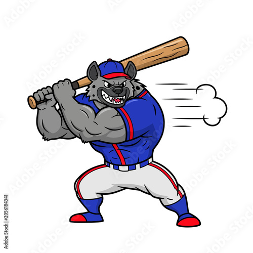 Muscular Hyena Baseball Mascot Wearing Uniform Holding Bat Vector Illustration