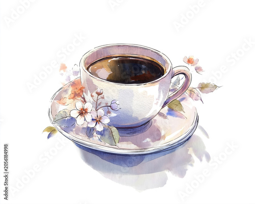 Artistic Coffee Cup with Floral Watercolor Illustration. AI generative.