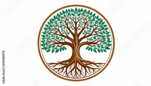 Detailed circular tree of life with dense green foliage.