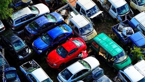 Принти на полотні Dense Car Scrapyard Packed with Damaged and Scrapped Vehicles