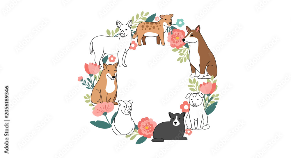 Fototapeta premium A cute illustration of various dog breeds forming a floral wreath on a white background.