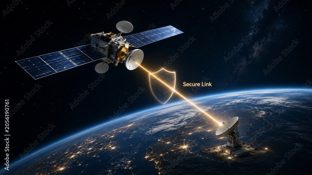 Fototapeta premium Satellite communication with secure data link transmission to ground station in space, 3d rendering