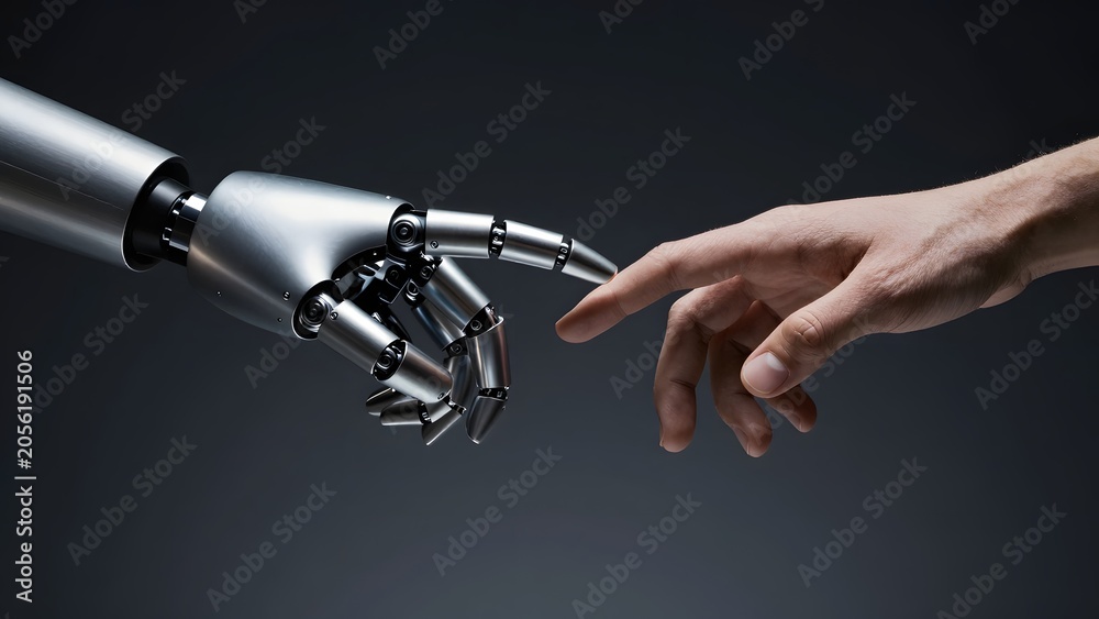 Fototapeta premium [STYLE] of a humanoid robot hand reaching toward a human hand showing fingertips nearly touching with brushed titanium joints and soft skin textures, dramatic chiaroscuro spotlight, cool chrome and wa