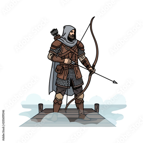 Canvas Print A hooded archer in medieval armor stands on a wooden dock
