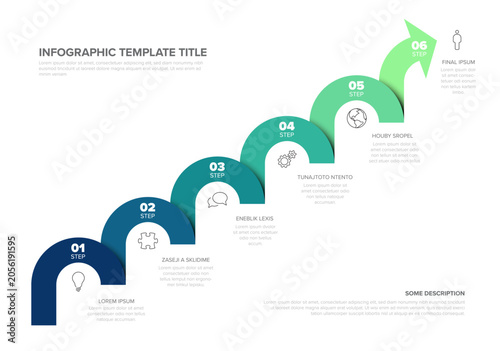 Six steps infographic showing a rising arrow for business progress and growth goals. This step infographic uses an arrow design to illustrate successful milestones and progress.