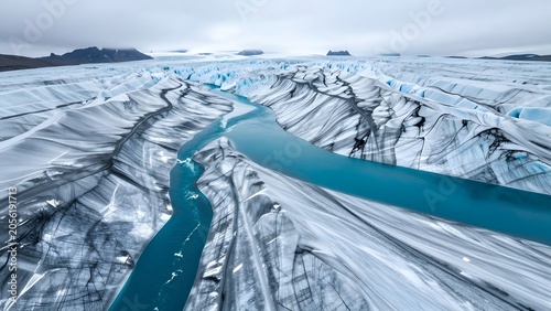 [STYLE] of glacial meltwater turquoise pools showing braided streams of impossible blue across silver ice with crystalline surface and flowing-water textures, polar overcast luminosity, glacier teal a