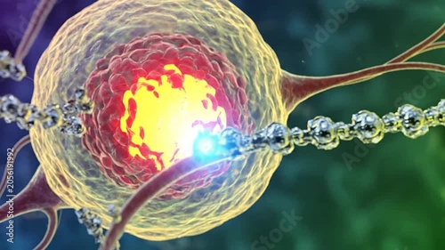Microscopic view of biological cells interacting with glowing particles in a fluid space