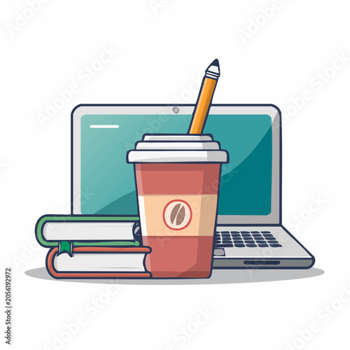 Laptop, Books, Coffee Cup, and Pencil Illustration