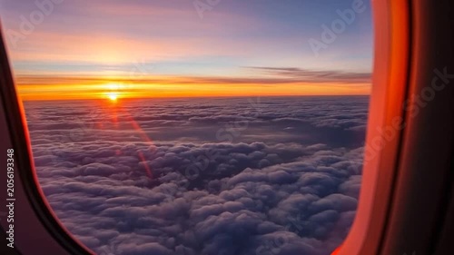 A vibrant sunrise viewed through an airplane window above the thick cloud layer