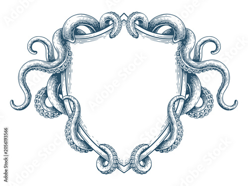 Photos Octopus tentacles label frame vector illustration in vintage hand drawn engravin