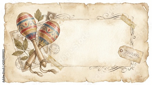 Vintage Watercolor Journal, Rustic Watercolor Stationery, Boho Journal Paper, Colorful Maracas on Vintage Background