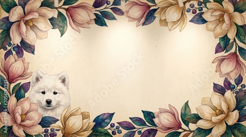 Vintage Watercolor Journal, Rustic Watercolor Stationery, Boho Journal Paper, Watercolor Magnolia Flower Border with Samoyed Dog