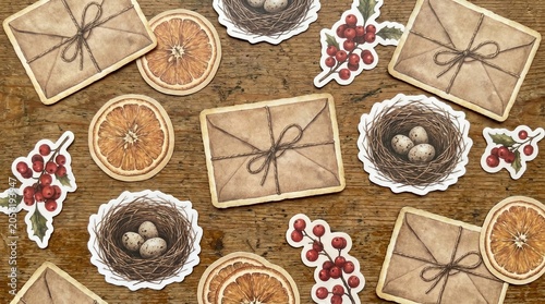 Vintage Watercolor Journal, Rustic Watercolor Stationery, Boho Journal Paper, Winter Holiday Sticker Set with Nest and Orange Designs