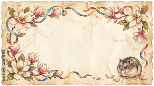 Vintage Watercolor Journal, Rustic Watercolor Stationery, Boho Journal Paper, Watercolor Magnolia Border with Hamster Illustration